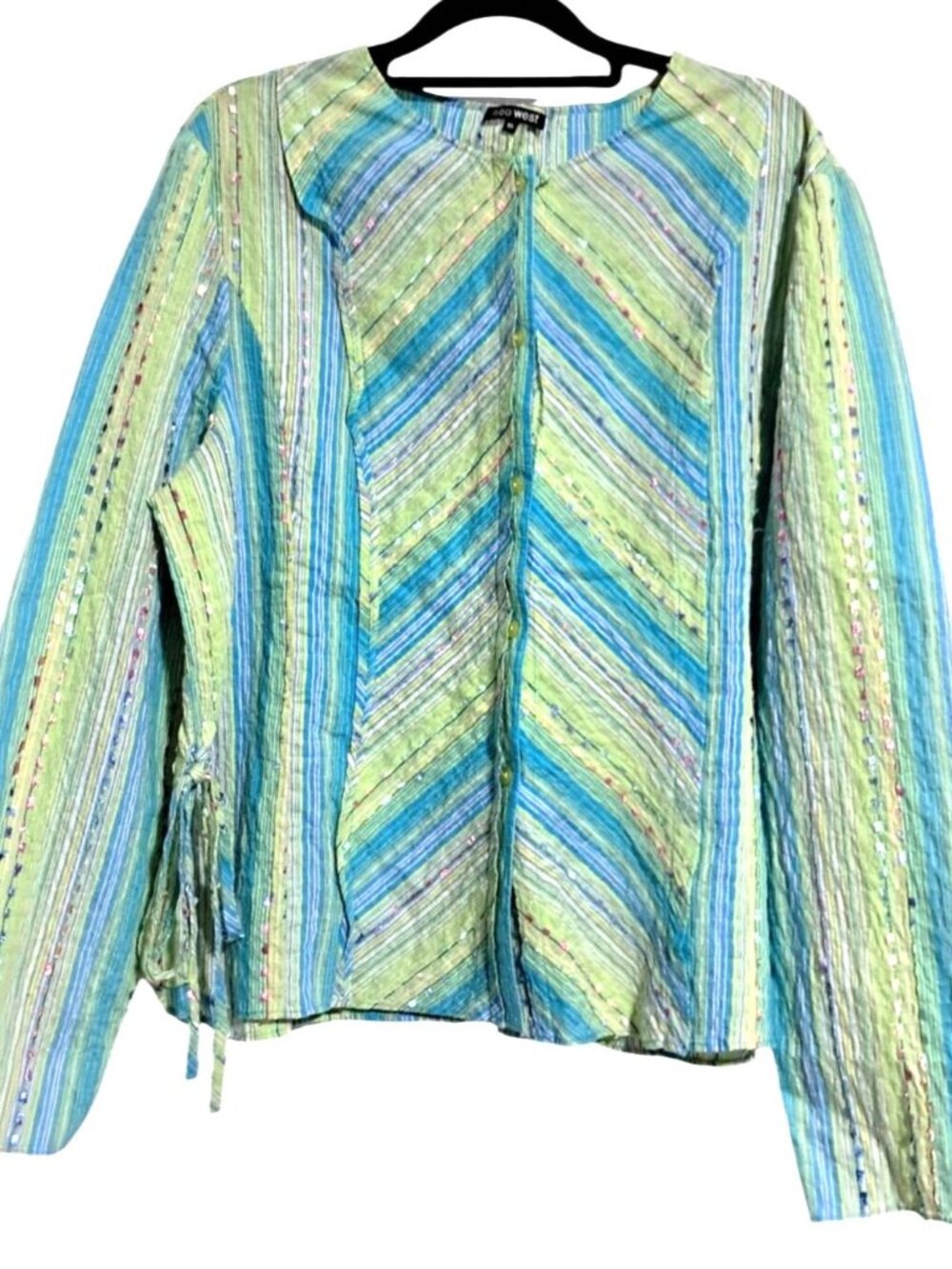 600 West Striped Button-Up Blouse Womens Size 16 Multicolor Cotton Blend Lightwe